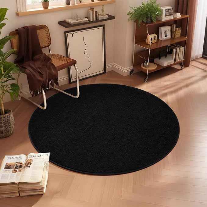 4' Black Round Area Rug Modern Solid | Washable Memory Foam, Low Pile Non Slip Indoor Carpet for Living Room Bedroom Office Classroom College Dorm Room Home Decor