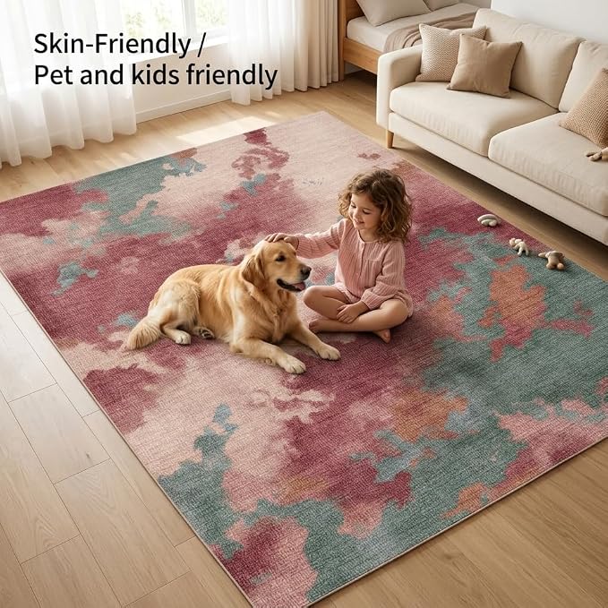 5x7 Pink, Green and Cream Modern Abstract Watercolor Area Rug | Washable non-slip low-pile faux cashmere rug for living rooms, bedrooms and home offices; soft, foldable and easy to clean.