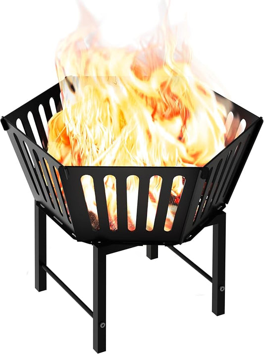 22.5 Inch Portable Hexagon Fire Pit with Travel Bag — Heightened Smokeless Design Outdoor Wood Burning Fire Pit for Camping, Backyard, Patio, Bonfire, Picnic and BBQ, Vertical Hollow Style