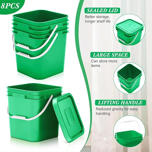 Mumufy 8 Pcs 3.5 Gallon Square Food Grade Bucket with Lid Square Bucket Pail Plastic Handles for Long Term Food Storage, Camping, Fishing, Home Organization Easy Stack and Store (Green)