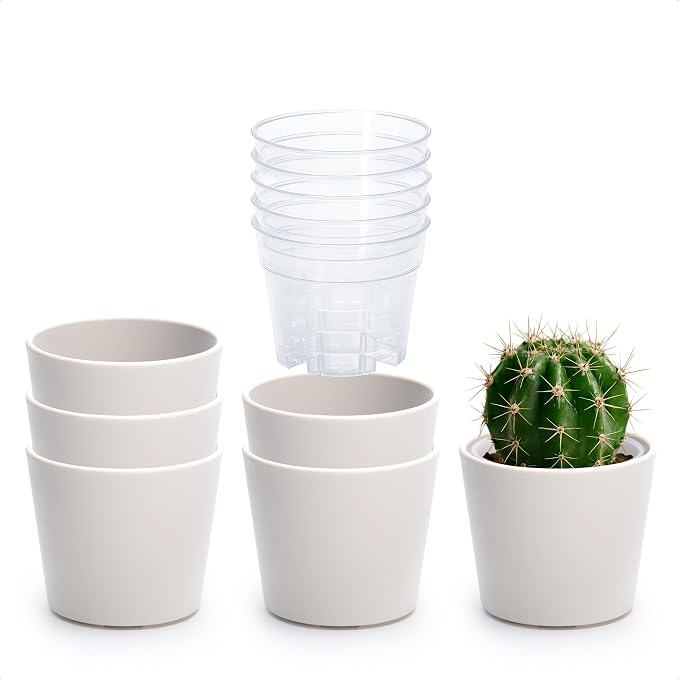 Phoenix Vine 3.5 Inch Oatmeal Plastic Cachepot with Clear Nursery Pot, Decorative Lightweight Planter Cover with Transparent Inner Pot for Indoor Houseplants, Pack of 6, 24-A-G-6