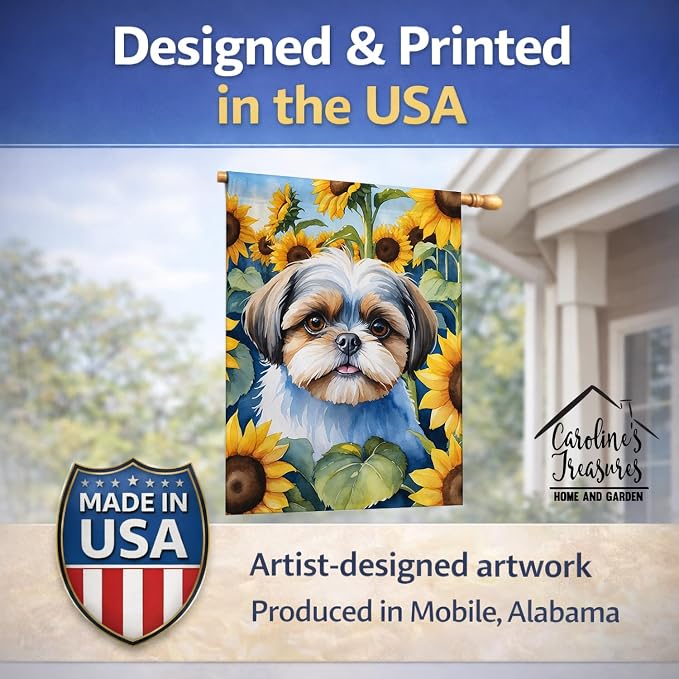 Caroline's Treasures DAC6162CHF Shih Tzu in Sunflowers House Flag Large Porch Sleeve Pole Decorative Outside Yard Banner Artwork Wall Hanging, Polyester, House Size, Multicolor