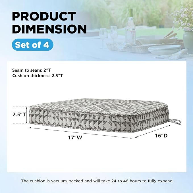 17 x 16 Inch Sunbrella Outdoor Chair Cushions with Tie Straps, Set of 4 Thick Water Repellent Round Patio Chair Pads for Garden Lawn Patio Furniture, Runa Classic