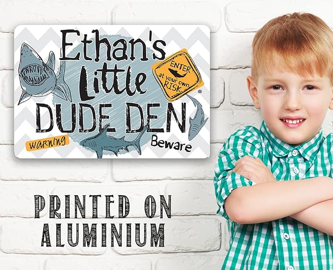 Personalized - Little Dude Den - Customized Boy's Room Decor, Shark Warning Signs for Kids Bedroom and Playroom, Great Baby Shower and Birthday Gifts, 12x18 Indoor or Outdoor Durable Metal Sign