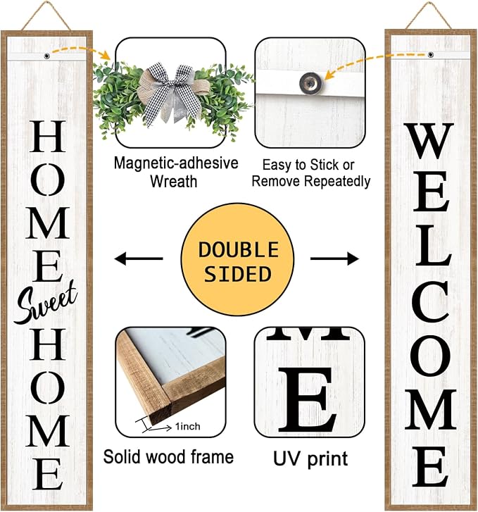 Welcome Sign for Front porch Standing 45"X9" Double-Sided Wood Frame Outdoor Tall Welcome Signs Vertical Decor for Farmhouse Rustic Home Modern Outside Front Door Wall Decorations