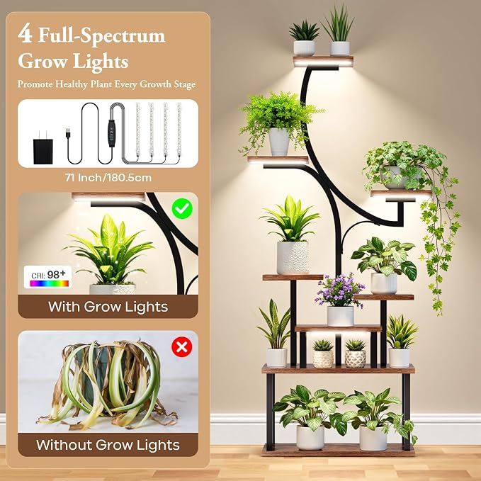 softeen Plant Stand Indoor with 4 Grow Lights & 3 Colors, 8 Tiered Corner Plant Shelf, 63" Tall Plant Stands for Indoor Plants Multiple, Metal Flower Display Shelves Holder for Home(Dark)