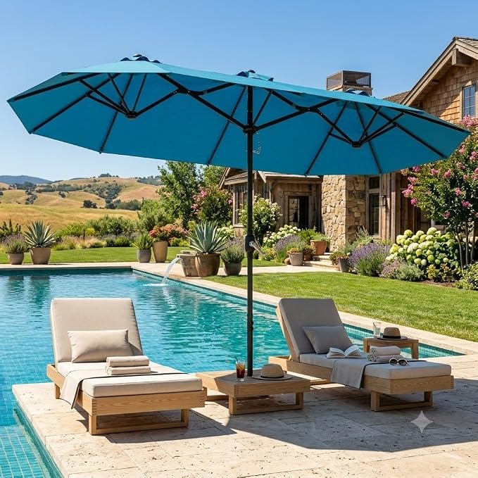 DomeShade 15FT Extra Large Patio Umbrella with Base, Double-Sided Outdoor Rectangular Market Umbrella with Stand,Heavy Duty Outside Sun Umbrella for Backyard,Poolside,Patio Furniture,Teal Blue