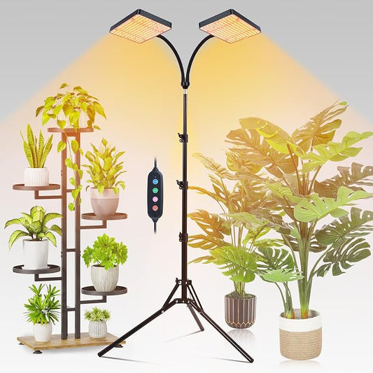 FECiDA 2026 2Head Grow Light with Stand, 50 Watt Power Draw, Bright and Big Coverage Grow Lights for Large Houseplants, Bonsai Tree, 4/8/12/16/20 Hr Timer, 24"-64" Height Adjustable, 360° Gooseneck