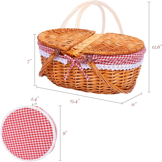 Wicker Picnic Basket with Handle, 15" Large Picnic Basket with Lid & Removable Liner, Vintage Hand Woven Basket with Cutlery Set for Picnics, Camping, Thanksgiving, and Birthday