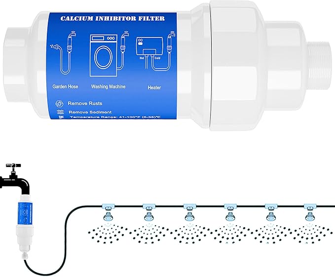 Calcium Inhibitor Filter for 3/4" Standard Garden Hose and Faucets, Inline Sediment Anti-Scale Mister Filter for Outdoor Misting System Mist Nozzle, Preventing Scale Buildup from Clogging Up