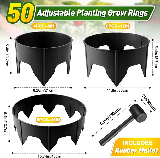 50 Pcs Planting Grow Rings, Diameter Range 8.2-15.7 Inches, Adjustable Interlocking Plant Support Rings with Mallet, Reusable Tree Watering Ring for Garden Root Irrigation (Black)