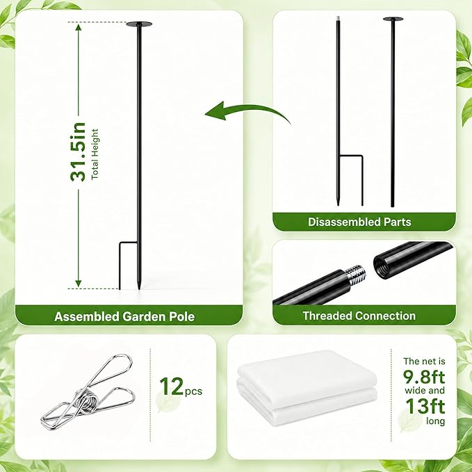 DECOHS Metal Garden Shading Cloth Kit, 6 Pack 2.6ft Raised Garden Bed Sunshade Support Stakes with 13x10ft Non-Woven Fabric, 12 pcs Clips for Protect Plants Vegetable from Direct Sunlight Heat Sunburn
