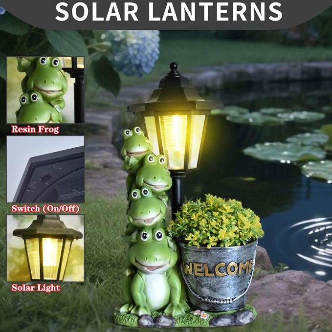 Solar Frog Statue for Outdoor, 13.4 Inch Outside Frog Family Ornaments with Lantern and Flowerpot for Garden Decor, Balcony, Patio, Yard, Lawn -Birthday Gifts for Women Grandparents
