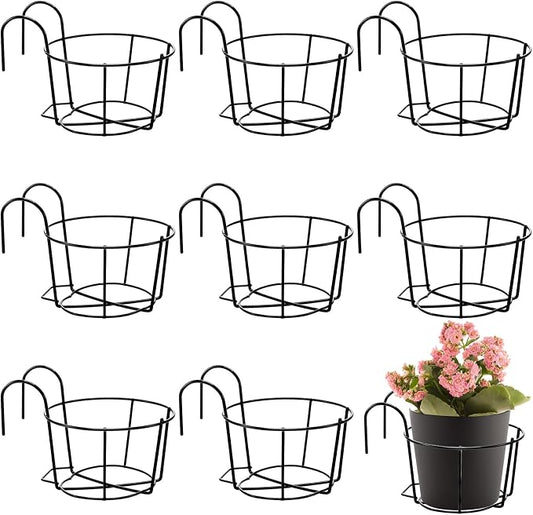 Wesiti 10 Pcs Round Hanging Railing Planters Outdoor Balcony Planters Metal Hanging Baskets Flower Pot Holder for Fence Indoor Porch Shelf Container(5.3 Inch,Black)