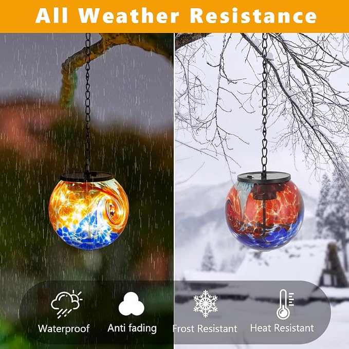Solar Hanging Lanterns Outdoor, Solar Gazing Ball Lights, Waterproof Hanging Glass Light for Garden Yard Tree Home Xmas Decoration, Blue Splash-Ink