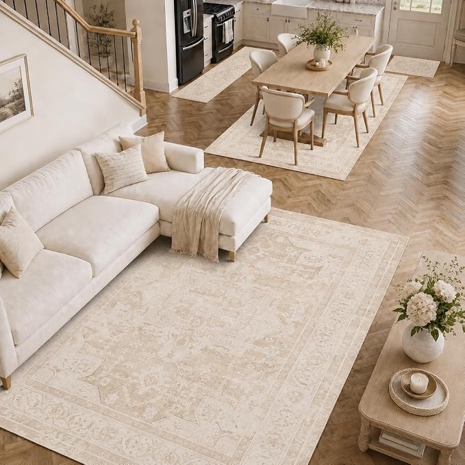 10x14 Area Rugs Washable Large Vintage Rug for Living Room Bedroom | Beige Farmhouse Boho Floral Neutral Washable Stain Resistant Indoor Carpet for Bedroom Office and Home Decor