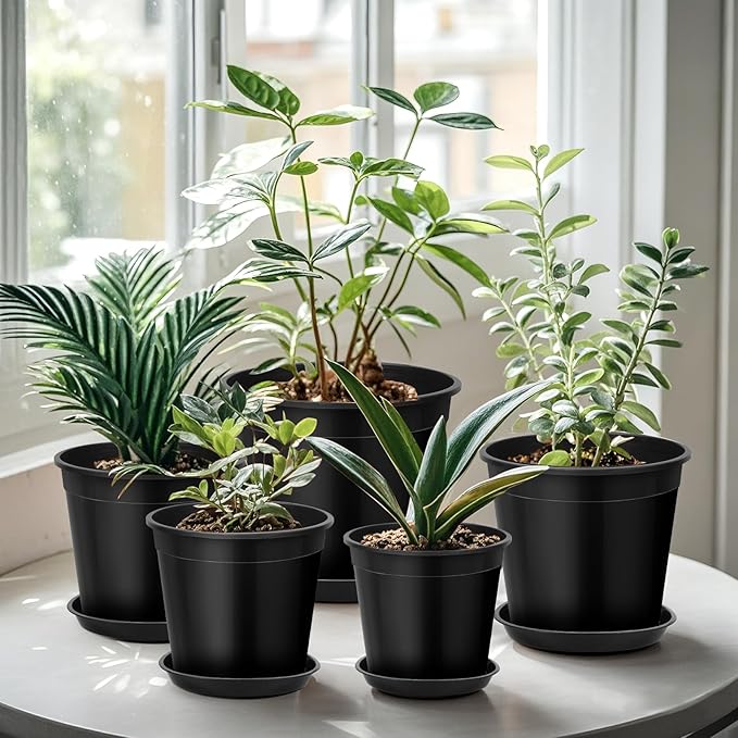 FUIJOL 2 Gallon Plastic Pots with Drip Trays, Sturdy Gallon Plant Pots with Drainage Holes, Large Plastic Planter for Flowers, Ideal for Indoor and Outdoor Use (2Gallon-10PACK)