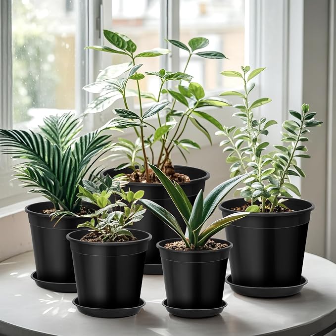 FUIJOL 7 Gallon Plastic Pots with Drip Trays, Sturdy Gallon Plant Pots with Drainage Holes, Large Gallon Pots for Flowers, Ideal for Indoor and Outdoor Use (7Gallon-4PACK)