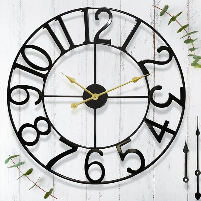 14 in Outdoor Clock–Retro Black Metal Outdoor Wall Clock for Patio, Garden & Pool Area–Vintage Industrial Skeleton Outdoor Clock–Weatherproof Decorative Yard & Porch Clock–Large Round Patio Wall Decor