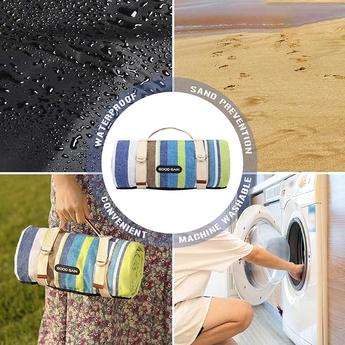 G GOOD GAIN Waterproof Picnic Blanket Portable with Carry Strap for Beach Mat or Family Outdoor Camping Party (Sky Blue)