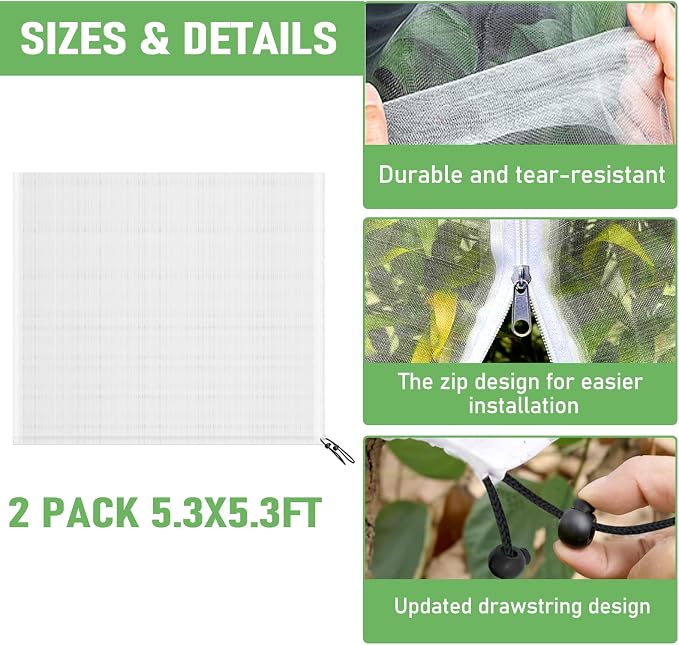 Fruit Tree Netting, Plant Mesh Netting for Garden Protection, Blueberry Bush Insect Netting Cover as Garden Pest Barrier from Cicadas, Bug, Bird (5.3x5.3 FT, 2Pcs, Zipper & Drawstring Design)