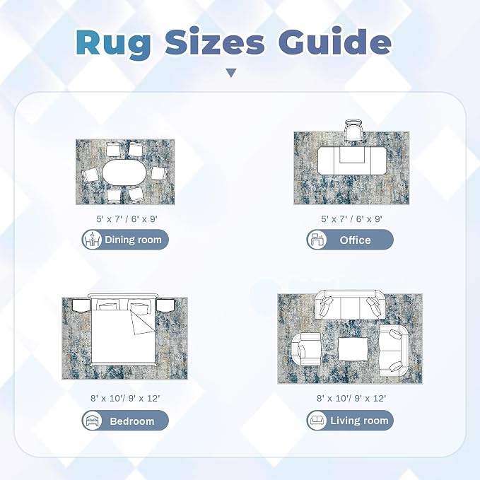 pmtsns Area Rugs 8x10 for Living Room: Washable Rug Modern Abstract Neutral Soft Non-Slip Low-Pile Indoor Large Carpet for Bedroom Dining Room Home Office Children's Room(BlueGreyGold, 8'x10')
