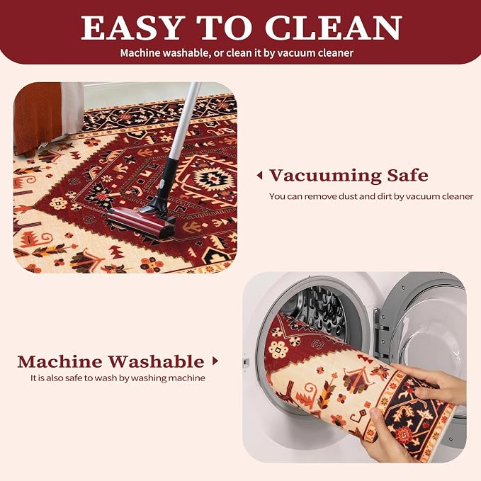 SERISSA 5x7 Washable Non Slip Boho Area Rug for Living Room，Red Black | Ultra Soft Vintage Oriental Carpet Low-Pile Distressed Tribal Throw Carpet for Bedroom Dining Room Dorm Office Home Decor
