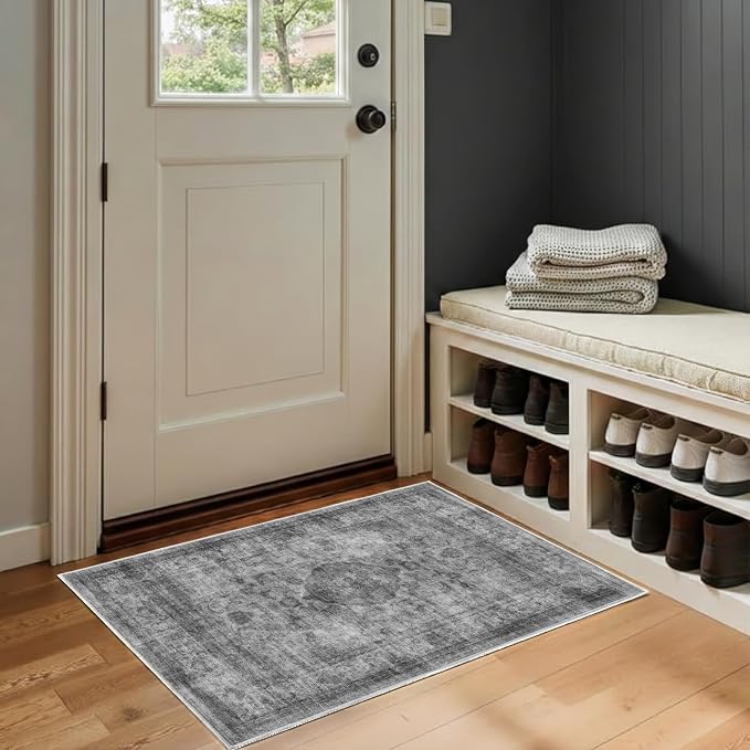 2x3 Area Rug Washable Vintage: Non Slip Throw Rugs for Entryway | Indoor Door Mat for Kitchen Soft Low Pile Thin Small Carpet for Hallway Bedroom Dining Room Home Office Decor