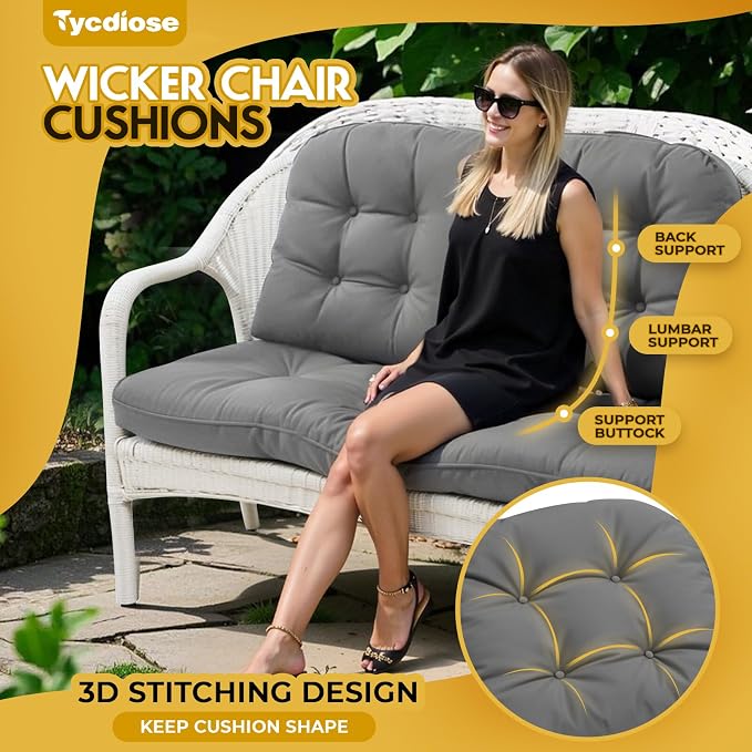 All Weather Wicker Chair Cushions of 3 Pieces, Waterproof Outdoor Wicker Chair Cushion for Patio Furniture Loveseat Settee Bench, 1 Loveseat and 2 U-Shaped Thickened Cushions, Grey