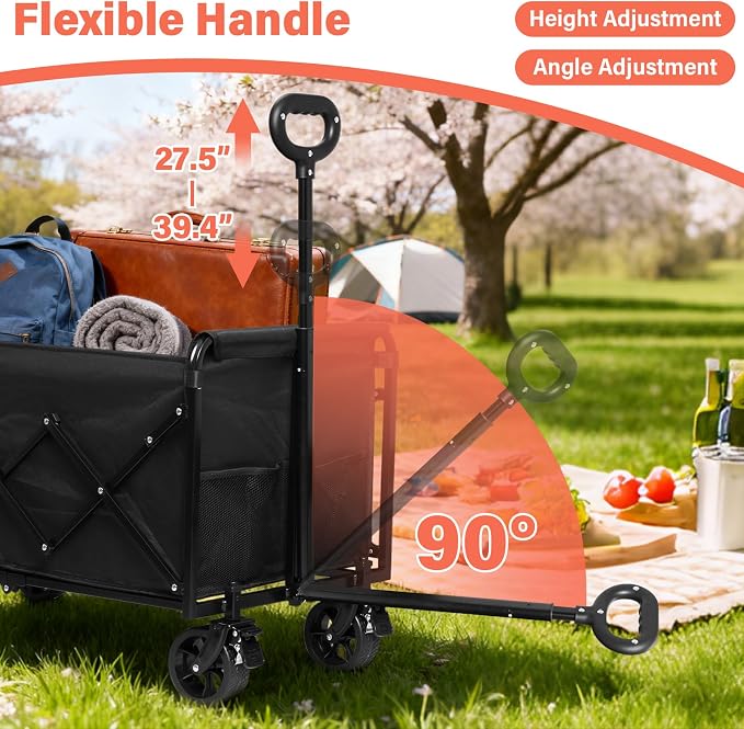 Collapsible Wagon Cart Foldable - Extra Large 500 lbs Capacity Portable Folding Beach Wagon with Wheels - 34'' Extra Long Heavy Duty Utility Cart for Groceries, Shopping, Camping, Sports - Black