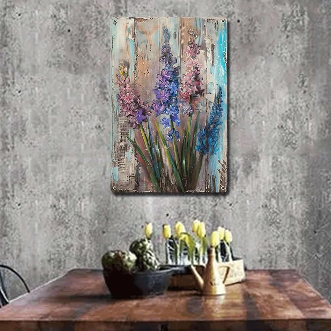 Metal Sign Tin Sign Vintage Wall Art Vintage Hyacinths Tin Sign for Rustic Wall Art Shabby Chic Style and Corrosion Resistant Aluminum Bar Sign for Bar 12×16 Inches