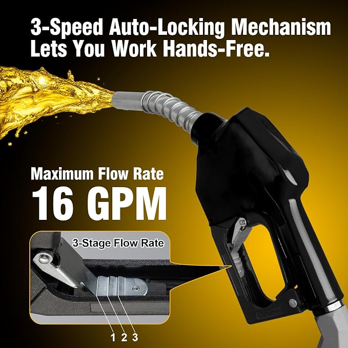 3/4" NPT Auto Shut-Off Fuel Nozzle, Gas Pump Nozzle with 3-Speed Padlock (9-16 GPM) - 360° Swivel Hose for Gasoline, Diesel, Biodiesel B20, E15 & Kerosene (BLACK)