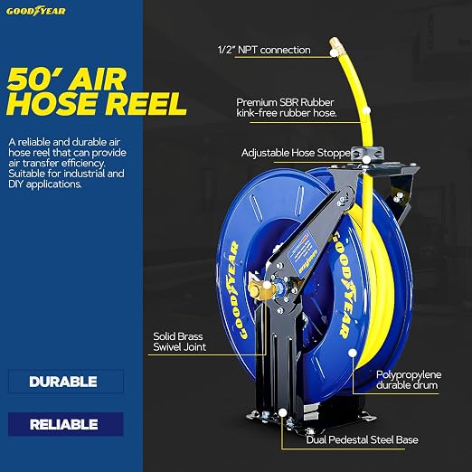 Goodyear Air Hose Reel Retractable 1/2" Inch x 50' Foot Long Premium Commercial Driven Sbr Hose Max 300 Psi Reinforced Steel Construction Heavy Duty Retractable Spring Industrial Dual Arm and Pedestal