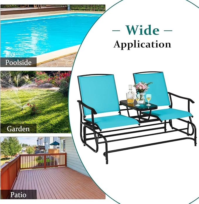Giantex Patio Bench Glider Chair with Metal Frame, Center Tempered Glass Table, Outside Double Rocking Swing Loveseat for Porch, Garden, Poolside, Balcony, Lawn Rocker Outdoor Glider Bench(Turquoise)