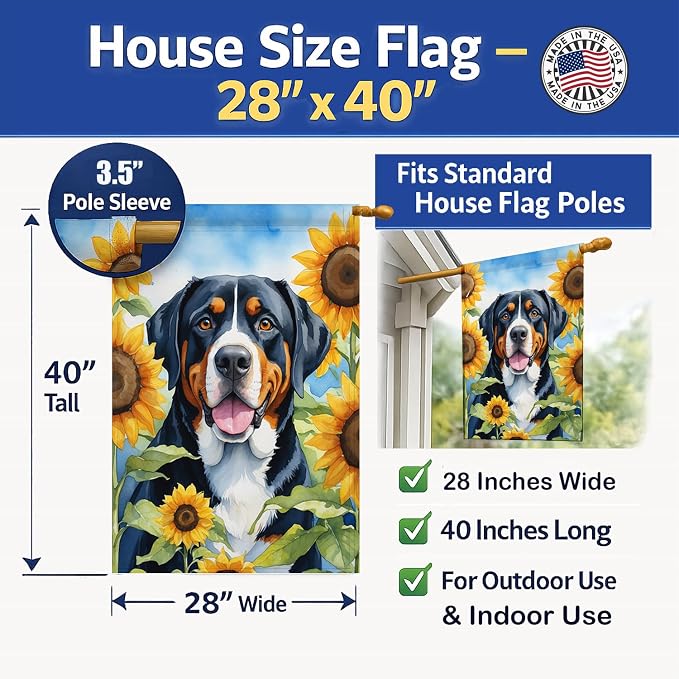 Caroline's Treasures DAC6094CHF Greater Swiss Mountain Dog in Sunflowers House Flag Large Porch Sleeve Pole Decorative Outside Yard Banner Artwork Wall Hanging, Polyester, House Size, Multicolor