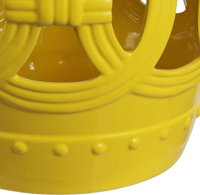 JONATHAN Y Lucky Coins 16" Ceramic Garden Stool, Contemporary Matte Yellow Cutout Interlocking Rings Drum Indoor/Outdoor Side Table and Plant Stand for Patio, Garden, Living Room TBL1022E