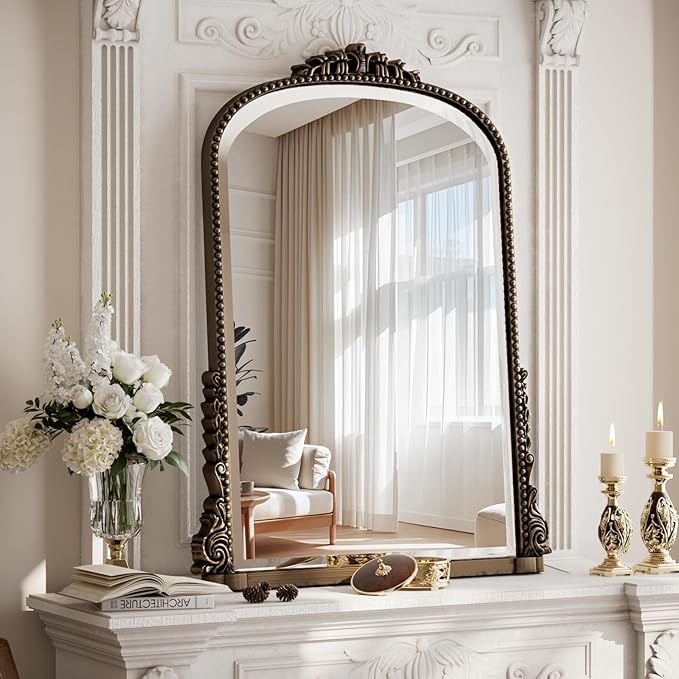 24"×32" Bronze Arched Wall Mirror with Vintage Carving | Bathroom Vanity Makeup Mirror, as Wall Decor Hanging Leaning for Fireplace Mantle, Living Room, Bedroom, Vanity Area