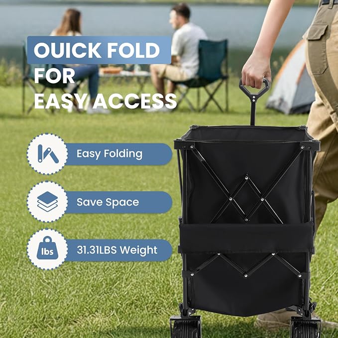 DUMOS 440LBS Heavy Duty Double Decker Wagon with 51IN Extender, 400L Large Capacity Collapsible Garden Cart, All-Terrain 7IN Wheels with Brakes, Foldable Utility Wagon for Shopping, Camping, Black