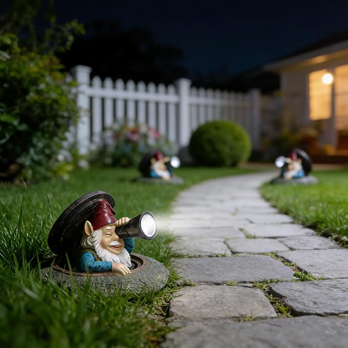 Solar Garden Gnome Outdoor Decor, Funny Gnome Statue Peeking from Manhole Cover, Waterproof Resin Figurine Lights for Yard Lawn Patio, Gift for Women & Garden Lovers