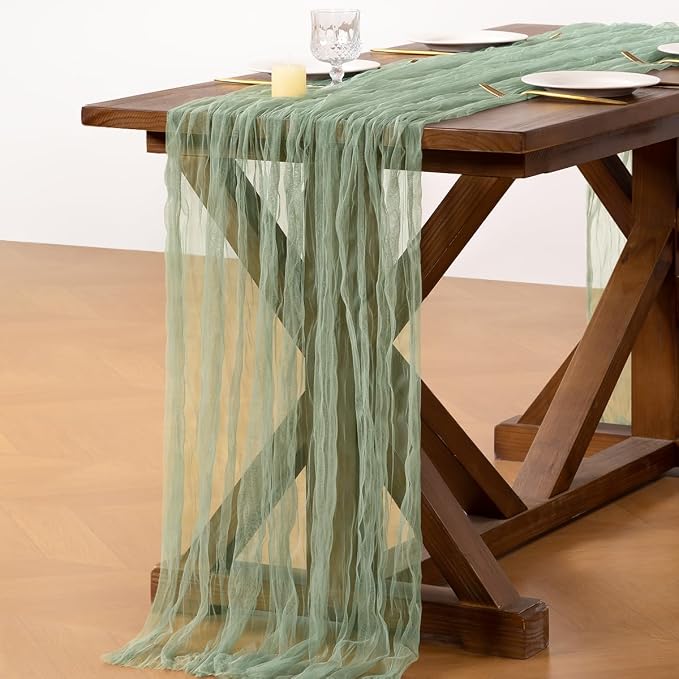 Socomi Sage Green Cheesecloth Table Runner Tulle Gauze Cheese clothBoho Rustic 120 inch 10FT Runner for Wedding Party Baby Shower Birthday Holiday Decorations 3pcs