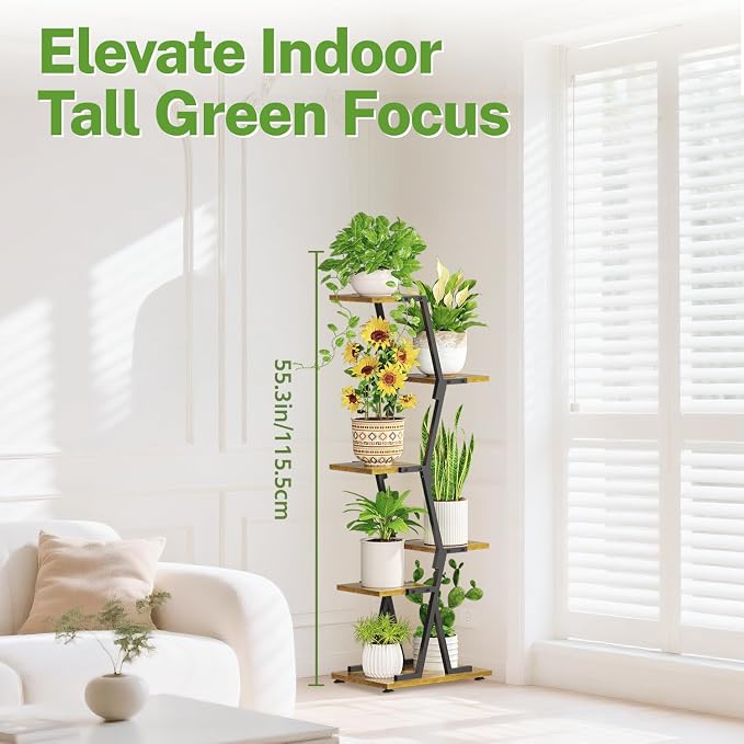 iDavosic.ly 5 Tier Indoor Plant Stand, Corner Tall Metal & Wood Flower Shelf, Orchid Display Rack for Living Room Balcony Patio Porch, Space Saving & Multifunctional Display, Black & Brown