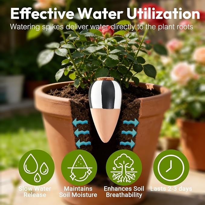 4 Pack Terracotta Watering Spikes, Plant Watering Devices Wine Bottle Automatic Plant Self Watering Spikes for Vacations, Clay Self-Watering Stakes for Indoor Outdoor Plants