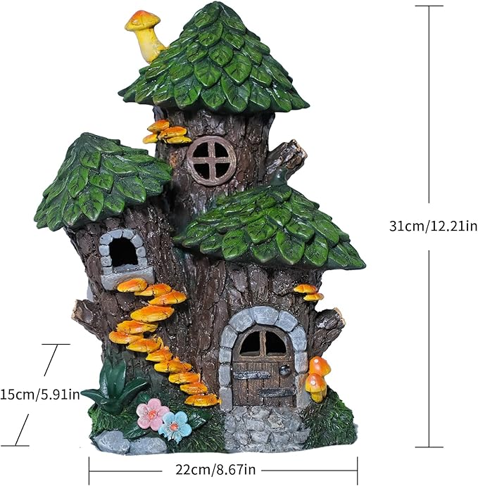Solar Garden Tree Fairy House Outdoor Statues Yard Resin Decoration Gift Handmade Housewarming Gift for Patio Yard Lawn Waterproof Cracking