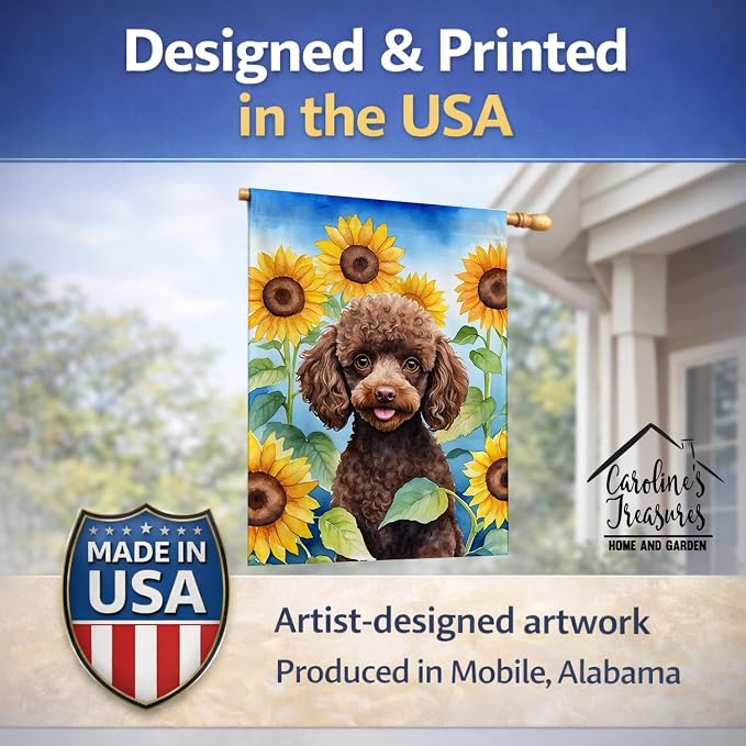 Caroline's Treasures DAC6139CHF Chocolate Poodle in Sunflowers House Flag Large Porch Sleeve Pole Decorative Outside Yard Banner Artwork Wall Hanging, Polyester, House Size, Multicolor