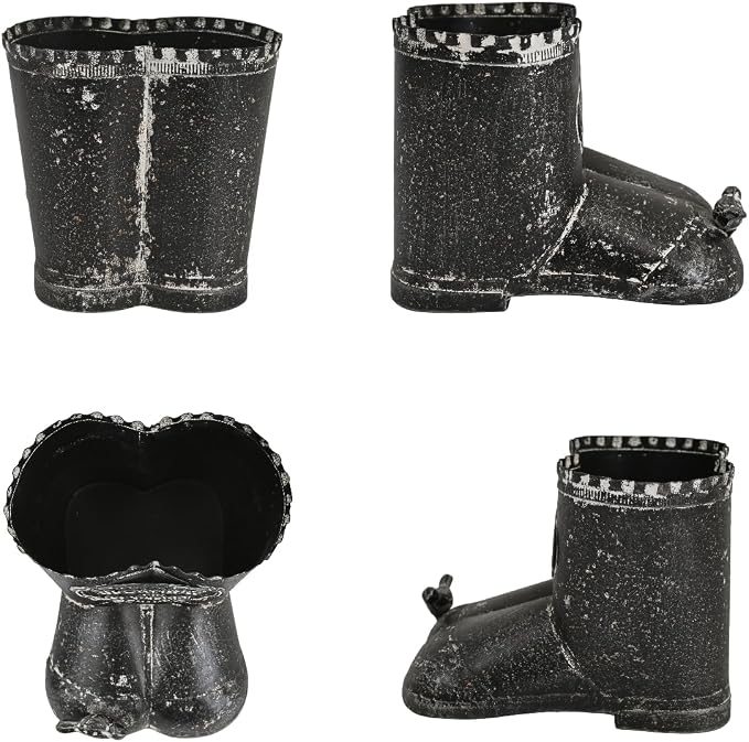 Vintage Distressed Boot Planter, Rustic Flowers & Garden Metal Rain Boot Plant Pot, Farmhouse Succulent Herb Planter for Indoor Outdoor Home Garden Patio Decor (Black - Small)