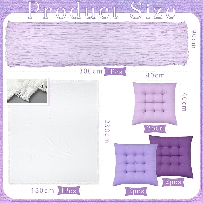 8 Pcs Fit for 6 People 91 x 71'' Extra Large Outdoor Picnic Blanket with Purple Table Runner and Floor Pillow Cushion Fit for 6 People Picnic Wedding Birthday Baby Shower Backyard Decor