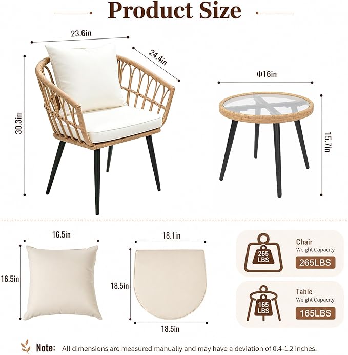 Upgraded 3 Piece Patio Bistro Set for Balcony, Backyard, Porch, Beige | All-Weather Rattan Patio Conversation Set, New Thickened and Reinforced Metal Frame, Tempered Glass Side Table, Easy-Clean