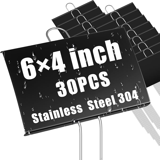 Landhoow 30 Pcs Large Garden Plant Markers Metal Plant Labels Sign 4'' x 6'' with 11'' Stake Weatherproof Waterproof Garden Sign for Outdoor Seedlings Herbs Vegetable Greenhouse, Black