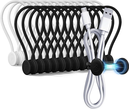 COOLMI Magnetic Cable Ties 24 Pack, 6.88 Inch Reusable Silicone Cord Organizer Wraps, Strong Magnet Cable Management Straps for Charging Cords, USB Cables, Earbuds, Desk, Travel, Black and White