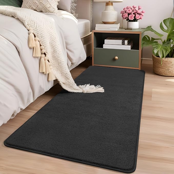 AROGAN Small Area Rugs for Bedroom, 2×4 Non Slip Runner Rug, Black | Washable Fluffy Carpet with Memory Foam, Indoor Rug Runner for Kitchen, Bedside, Entryway Bathroom Home Decor